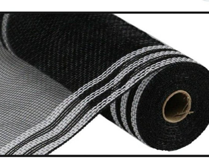 Black and White Faux Jute Mesh With Border Stripe, Black Mesh With