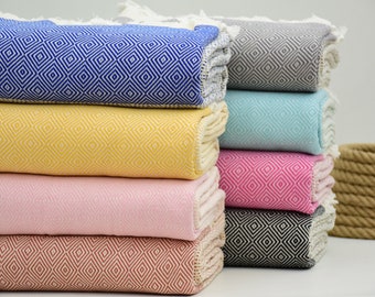 Turkish Blanket,Blanket,Throw, Sax Blue,Yellow,Pink,Taba,Gray,Mint,Fuchsia,Black Diamond Blankets Bed Cover Organic Cotton Towels Iso-Nfs-Pk