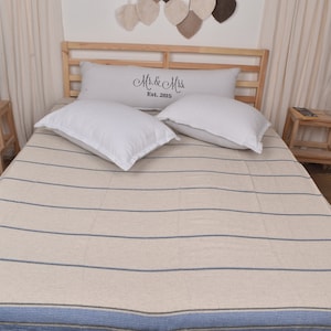 Picnic Blanket, Personalized Gifts, Sax Blue Bedcover, Striped Bedcover, 95x103 Inches Linen Blanket, Couch Cover, Curtain Bedcover,