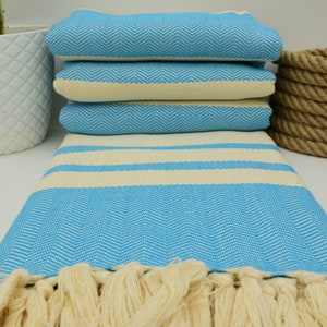 May include: A light blue and white striped Turkish towel with fringe. The towel is folded in a stack and laid out flat on a white surface.