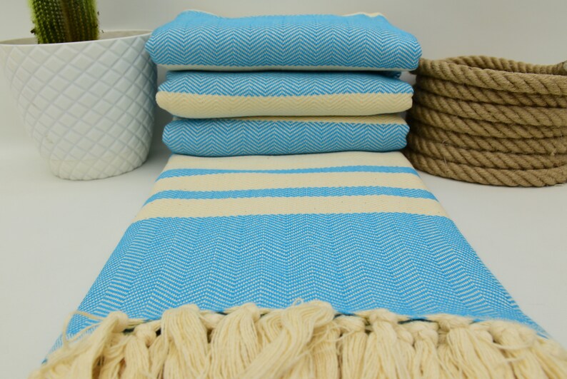 May include: A light blue and white striped Turkish towel with fringe. The towel is folded in a stack and laid out flat on a white surface.