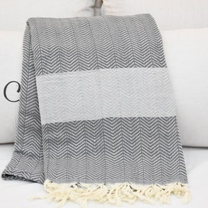 Turkish Blanket, Organic Cotton Blanket, Sofa Cover, Soft Bedspread, Gray Throw Blanket, Diamond Design Blanket, 78&quot;x86&quot; Blanket, Iso-Dml-Pk