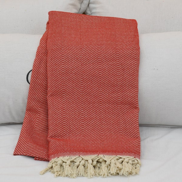 Cotton Throw Blanket, Sofa Cover, Turkish Blanket, Organic Blanket, Red Bedspread, Diamond Design Blanket, 67"x86" Blanket, Shsr-Arrw-Pk
