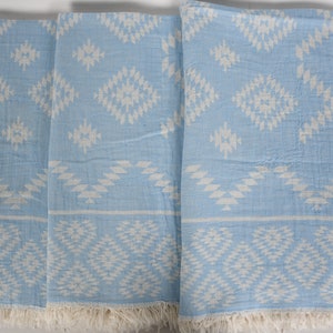 Pu&ograve; includere: Quattro asciugamani di colore azzurro chiaro con un motivo geometrico bianco. Gli asciugamani hanno un bordo a frangia.