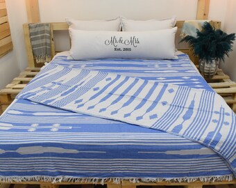 Blue Turkish Throw Blanket: Organic Cotton Beach Blanket (55x70 in)