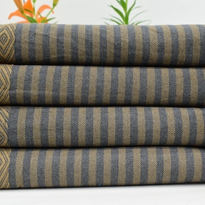 May include: A stack of four striped towels with a fringe border. The towels are a dark gray and a light brown color.