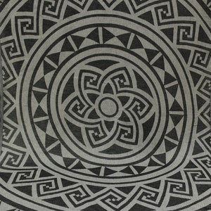 May include: A gray and black patterned beach towel with a circular design featuring geometric shapes and a Greek key motif.