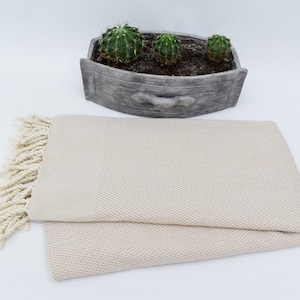 May include: A cream-coloured Turkish towel with fringe on the ends. The towel is folded in half and has a waffle-like texture.