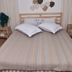 Large Towel, Turkish Throw Blanket, Light Beige Bedspread, Striped Bedcover, 87x91 Inches Wedding Gift Blanket, King Size Throw,