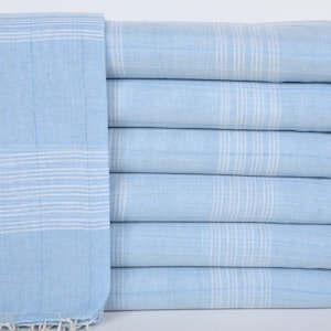 Personalized Organic Turkish Beach Towel: Baby Blue Striped Peshtemal