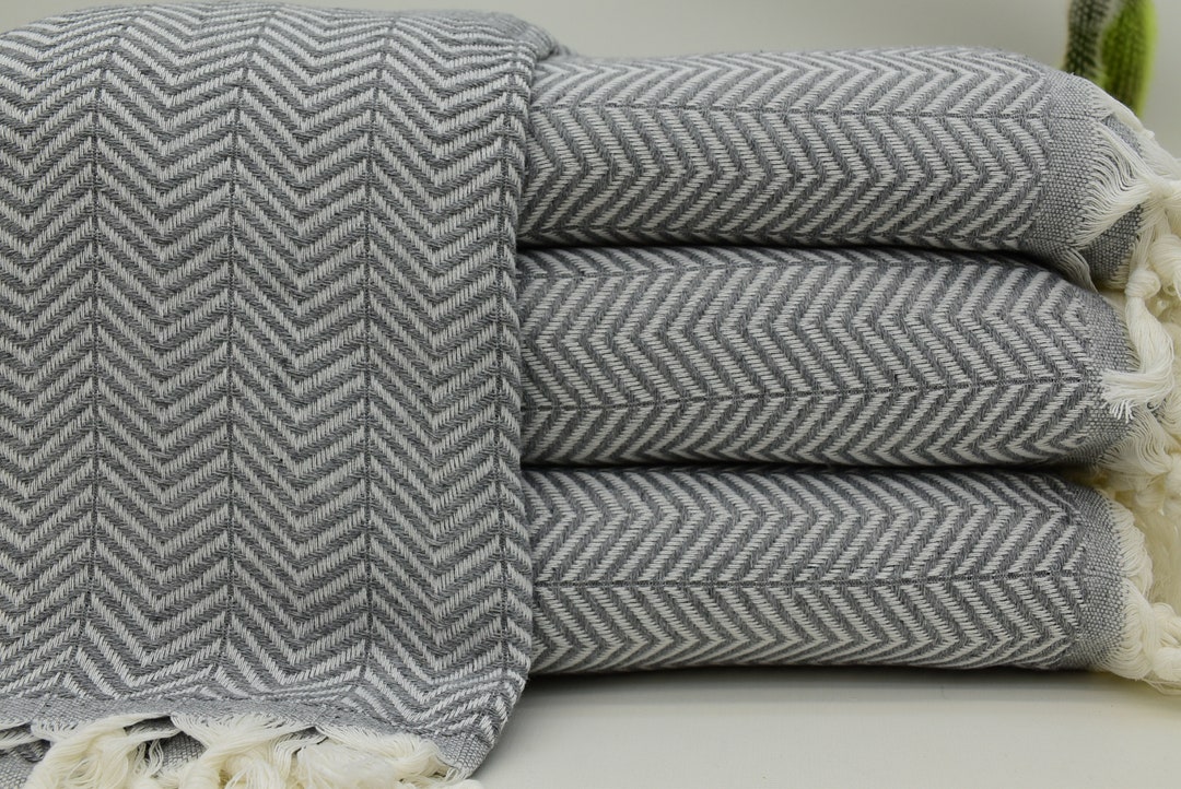 Dark Gray Turkish Blanket, Zigzag Patterned Turkish Blanket, 79x90