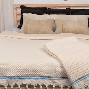 Wholesale Turkish Blankets, Decorative Couch Throw, Turquoise Striped Throw, 91x93 Inches Organic Cotton Bedspread, Designer Blanket,