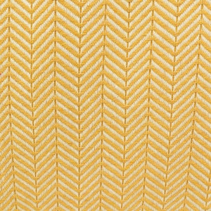 Op de afbeelding: Gele en witte stof met chevron-patroon en een geweven textuur.