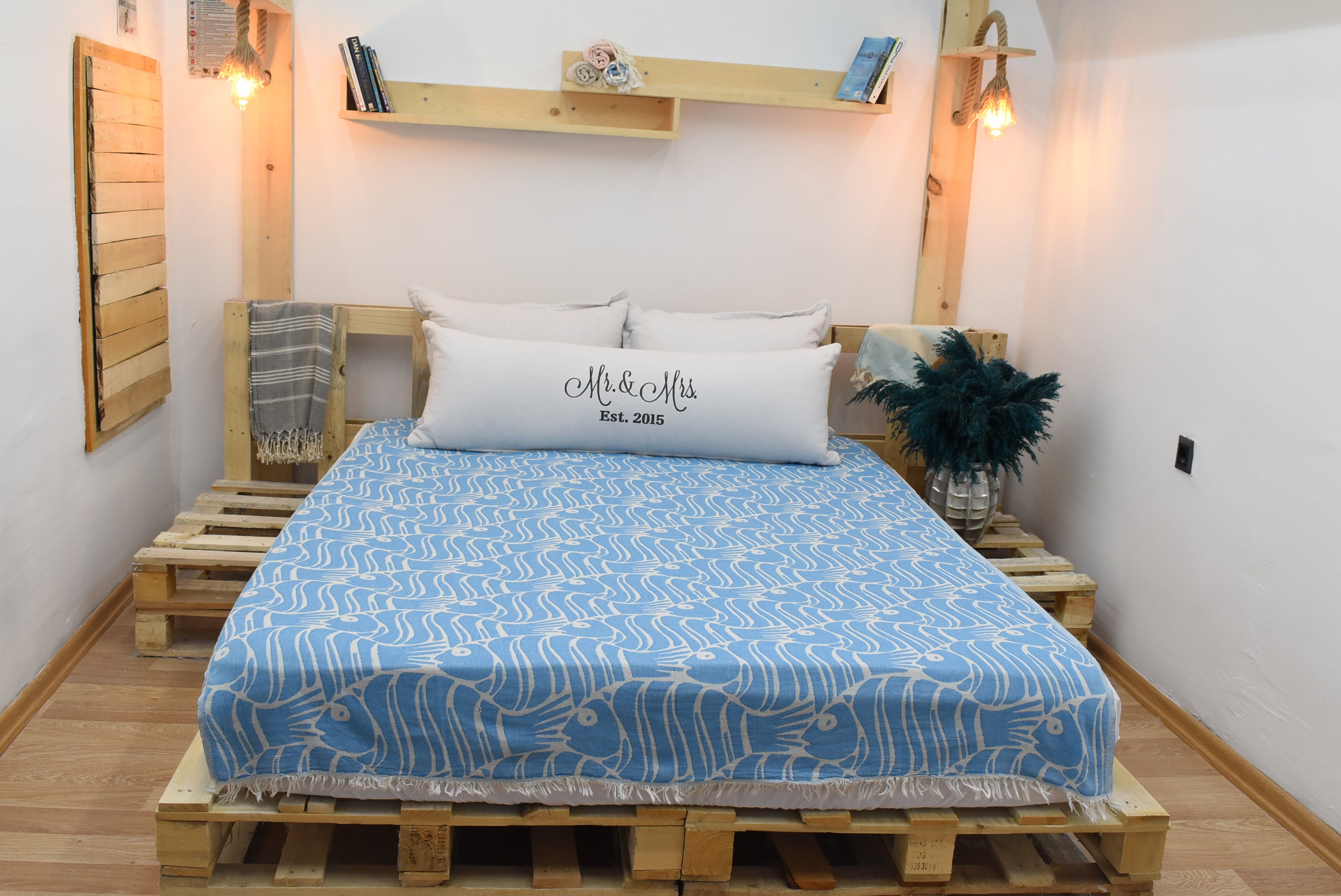 Turquoise Bed Cover,Turkish Blanket,Throw Blanket,150x210 cm-60x82 inches, Beach Blanket,Fish Design Blanket,Wedding Gift Blanket Bll-Blk-Pk