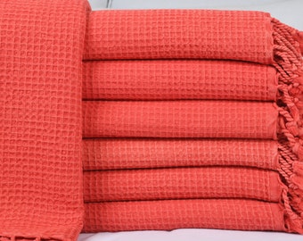 Turkish Blanket, Turkish Bedspread, Waffle Blanket, 67x91 Inches Wedding Gift Blanket, Yoga Bedspread, Red Picnic Throw, Organic Blanket,