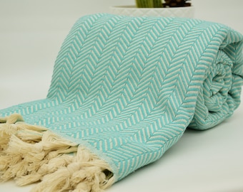 Turkish Blanket Herringbone Throw Bed Cover Table Cover Beach Throw Turkey Bed Rug Mint Green Blanket Arrow Throw  79x90 Bct-Arrw-Pk
