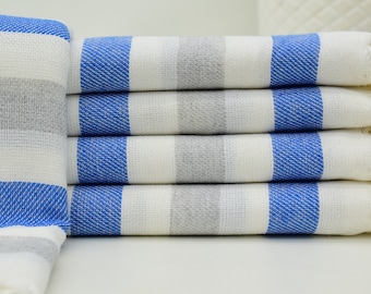 Blue & Gray Striped Turkish Towel: Organic Cotton Peshtemal (40x70)