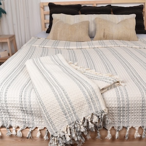 Picnic Blanket, Turkish Bedspread, Cream Blanket, Striped Throw, 71x95 Inches Wedding Gift Blanket, Pilates Blanket, Turkey Bedcover,