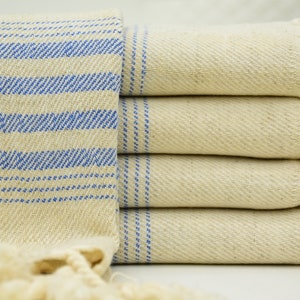 18x36 Turkish Hand Towel, Linen Towel, Blue Striped Sax Blue Towel, Organic Linen Towel, Cream Towel Home Decor Bath Towel Tkr-Ktn-Pshkr