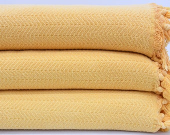 Turkish Blanket, Organic Cotton Blanket, 63x75 Bedspread, Bed Cover, Yellow Blanket, Herringbone Blanket, Sofa Blanket, Bct-TslmArrw-Pk