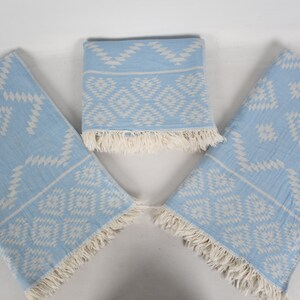 Pu&ograve; includere: Tre asciugamani di colore azzurro chiaro con un motivo geometrico bianco e frange. Gli asciugamani sono piegati e disposti a forma di triangolo.