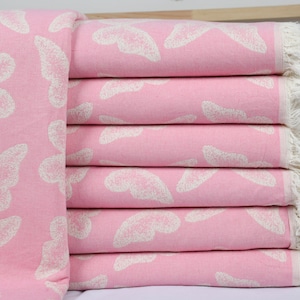 Turkish Blanket, Home Decor Blanket, Butterfly Blanket, Patterned Throw, Animal Blanket, Print Throw, 79x95 Inches Light Powder Pink Throw,