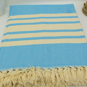 May include: A light blue and cream striped Turkish towel with a herringbone pattern and fringe.