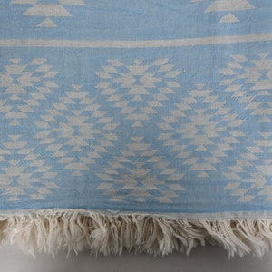 Pu&ograve; includere: Una coperta blu chiaro con un motivo geometrico bianco e frange.