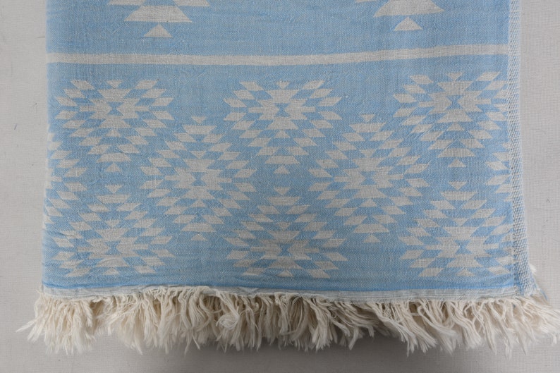 Pu&ograve; includere: Una coperta blu chiaro con un motivo geometrico bianco e frange.