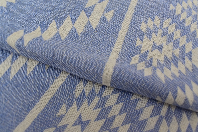 Peut inclure: Un gros plan sur un tissu bleu et blanc &agrave; motifs g&eacute;om&eacute;triques. Le tissu est tiss&eacute; et a une surface textur&eacute;e.