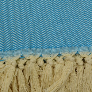 May include: A blue and white patterned Turkish towel with a fringe border. The towel is made of cotton and has a soft, absorbent texture.