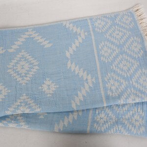 Pu&ograve; includere: Una coperta di colore azzurro chiaro con un motivo geometrico bianco. La coperta ha frange su tutti i lati.