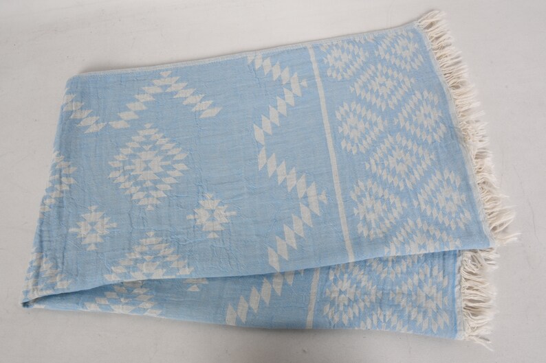 Pu&ograve; includere: Una coperta di colore azzurro chiaro con un motivo geometrico bianco. La coperta ha frange su tutti i lati.