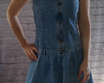 Vintage 90's 1990's Dmbm Jean Dress, Fitted Denim Dress, Cowgirl Dress, Western, Sleeveless, Retro, Size Large, Made in USA , Dropped waist