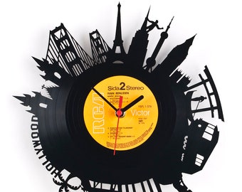 Wall clock - vinyl record - reuse - original design - recycling - sustainable design - wall decoration- world skyline