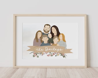 Cartoon Family Drawing | Custom Minimal Family Portrait Illustration | Unique Mothers Day Gift, Digital Drawing Gift