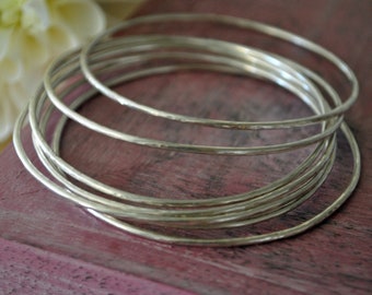 Hammered Sterling Silver Stacking Bangle Bracelet Set