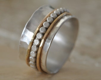Hammered Sterling Silver Spinner Ring: 14k Gold Filled Worry Ring