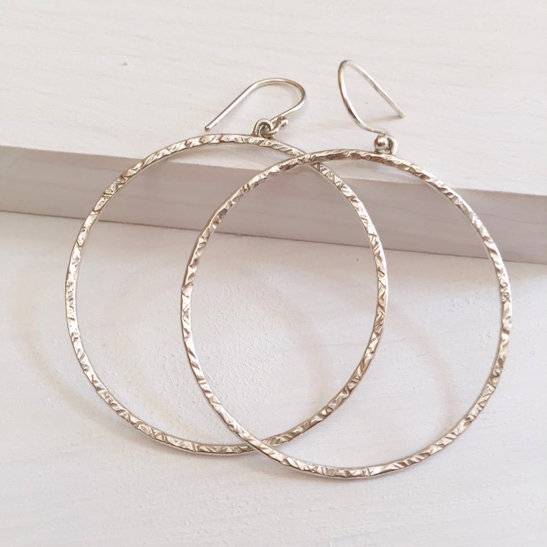 Hammered Sterling Silver Dangle Hoop Earrings Medium Silver Hoop