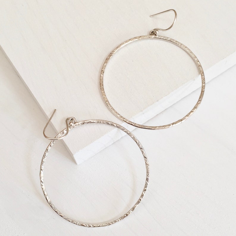 Hammered Sterling Silver Dangle Hoop Earrings Medium Silver Etsy