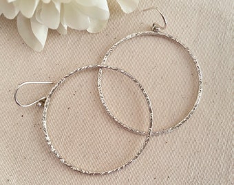 Hammered Sterling Silver Dangle Hoop Earrings, Medium Silver Hoop Earrings, Open Circle Earrings, Boho Earrings, Bohemian Jewelry, Artisan