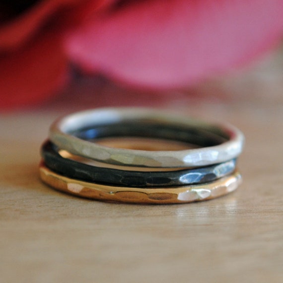 Hammered Stacking Rings Set: Sterling Silver, Gold Filled, Oxidized Silver