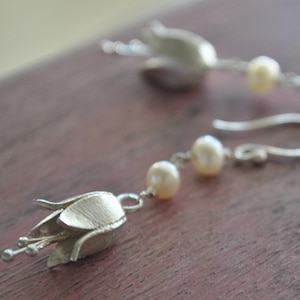 Handmade Sterling Silver Tulip Earrings: Freshwater Pearl Dangle Drop