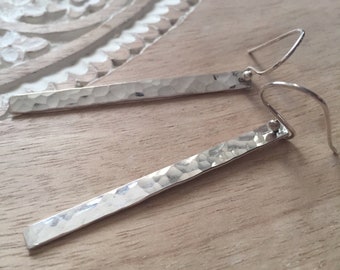 Hammered Silver Bar Earrings, Stick Earrings, Long Dangle Earrings, Minimalist Earrings, Modern, Clothing Gift, Boho, Bohemian Jewelry