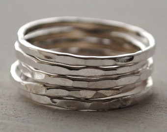 Hammered Sterling Silver Stacking Rings: Skinny Midi Knuckle Ring Set