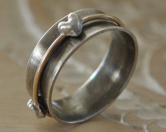 Sterling Silver Heart Spinner Ring: Gold-Filled Band, Bohemian Fidget Jewelry