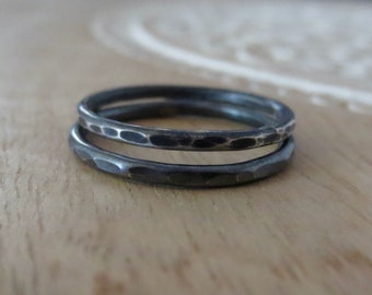 Oxidized Hammered Silver Stacking Ring, Rustic Band Ring,  Skinny Thin Rings, Unisex Rings, Rings for Men