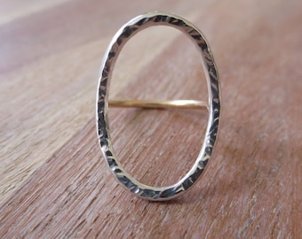 Open Circle Ring, Oval Ring, Sterling Silver and Gold Ring, Hammered Silver Ring, Mixed Metal Ring, Bohemian Jewelry, Unique Ring for her
