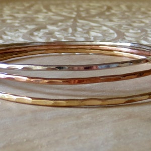 Mixed Metal Hammered Bangle Bracelet Set: Sterling Silver & Gold Filled