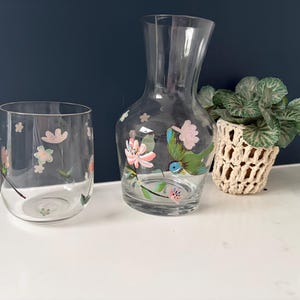 Vintage style hand painted glass carafe and tumbler / decanter Birds and flowers